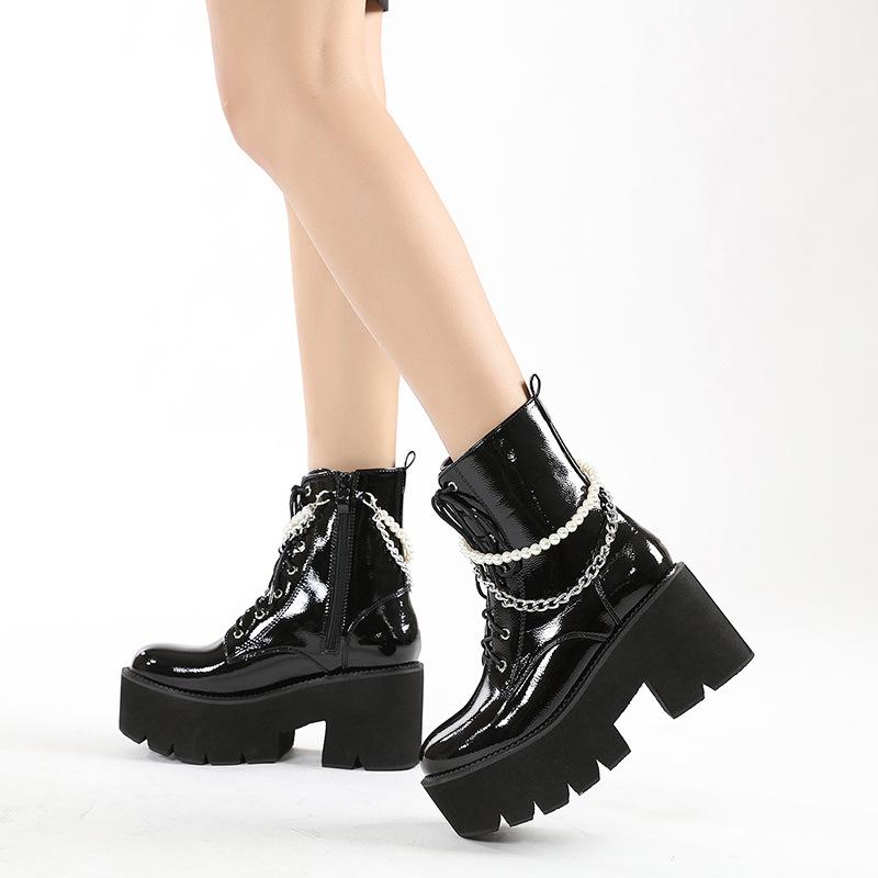 

Autumn and Winter Martin Boots Pearl Chain Thick Bottom Side Zipper Women s Boots Front Lace Up Knight Boots Women s 35 чорний