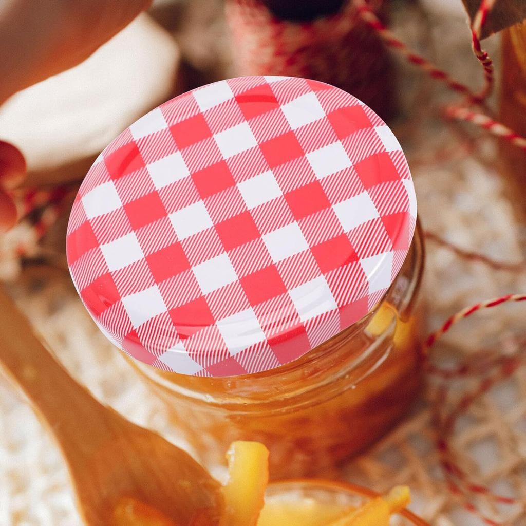 PRETYZOOM 40pcs Jar Lids Metal Canning Lids Red White Checked Jar Screw Caps for Canning Jars Jam Jelly Bottles 63MM