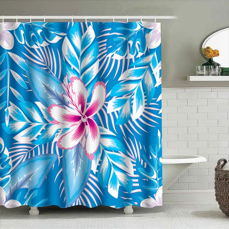 Bunter Duschvorhang mit tropischen Blumen Blau und Weiß Duschstoff für Badezimmerdekoration