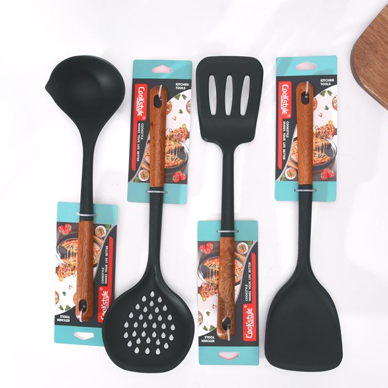 Multi-Color Silicone Wooden Handle Kitchenware Set Non Stick Pot Spatula And Spoon Cooking Utensils, Heat-Resistant