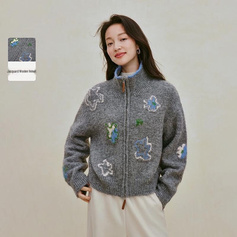 INMAN Women s High Collar Jacquard Knit Cardigan M