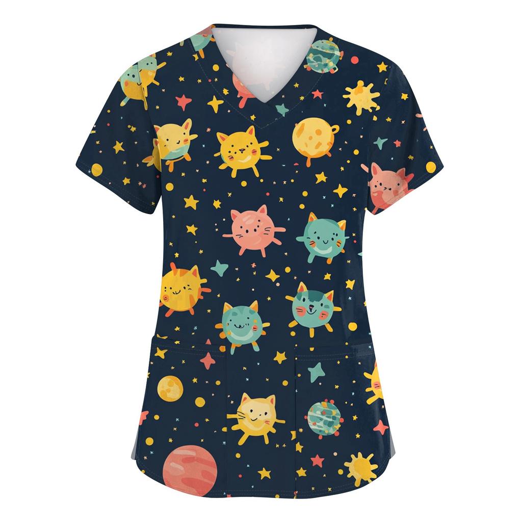 Women's Fashion Short Sleeve Cute Animal Printed V-Neck Pocket Workwear Tops