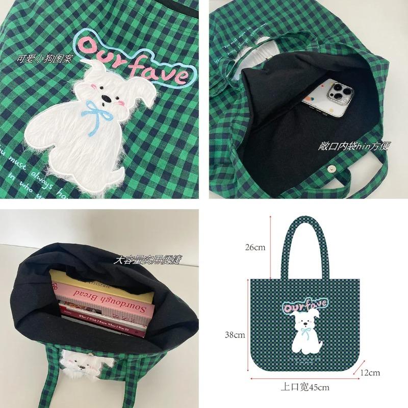 Plush Puppy Women's Plaid Shoulder Bag Cute College Girls  Book Tote Handbags Letter Embroidery Female Travel Shopping Bags
