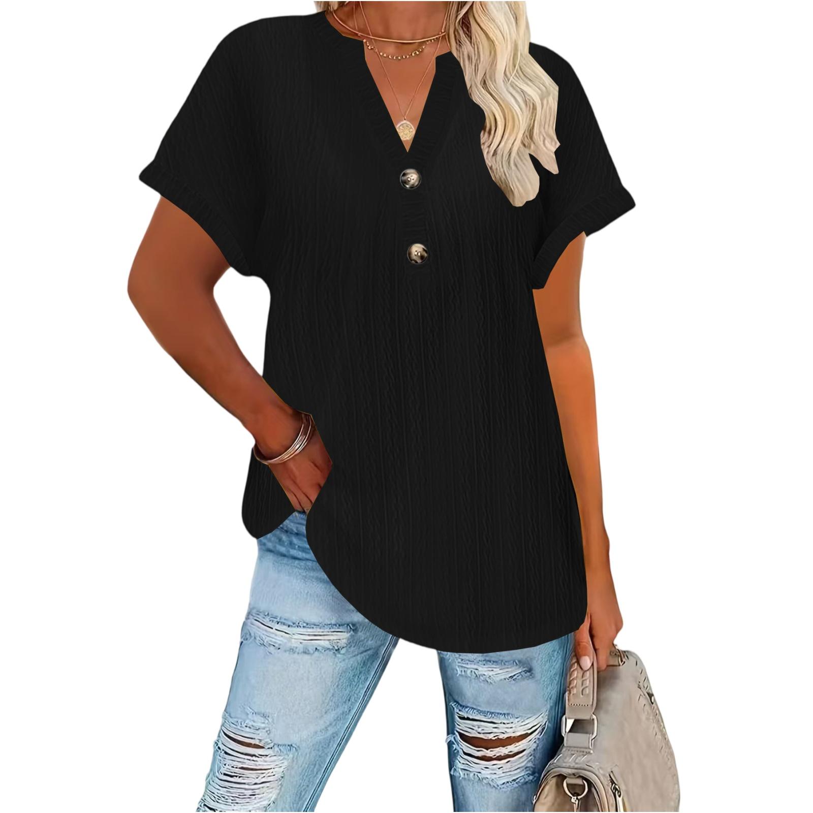 Women s Fashion Casual Button-Up V Neck T Shirt Pullover Short Sleeve Top L чёрный