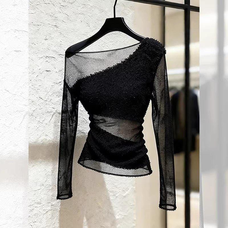

Women s Black One-Shoulder T-Shirt: Trendy, High-End, Unique Spring Design One Size чёрный