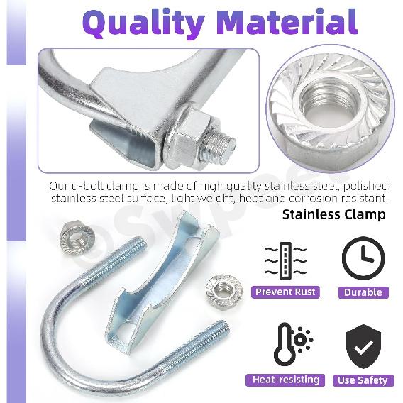 Swpeet 2Pcs Galvanized 2" - 50Mm Exhaust U Clamp Kit, Galvanized Muffler U-Bolt Clamps, Universal Heavy Duty U-Bolt Muffler Clamp Ideal For Tip Pipes