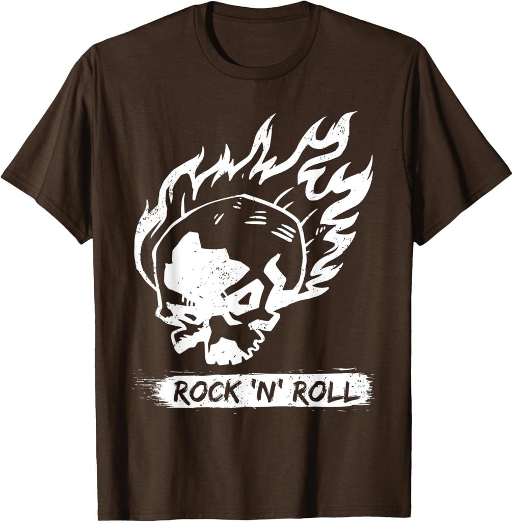 Flaming Skull Rock N Roll Graphic Tee Casual Cotton Short Sleeve TShirt