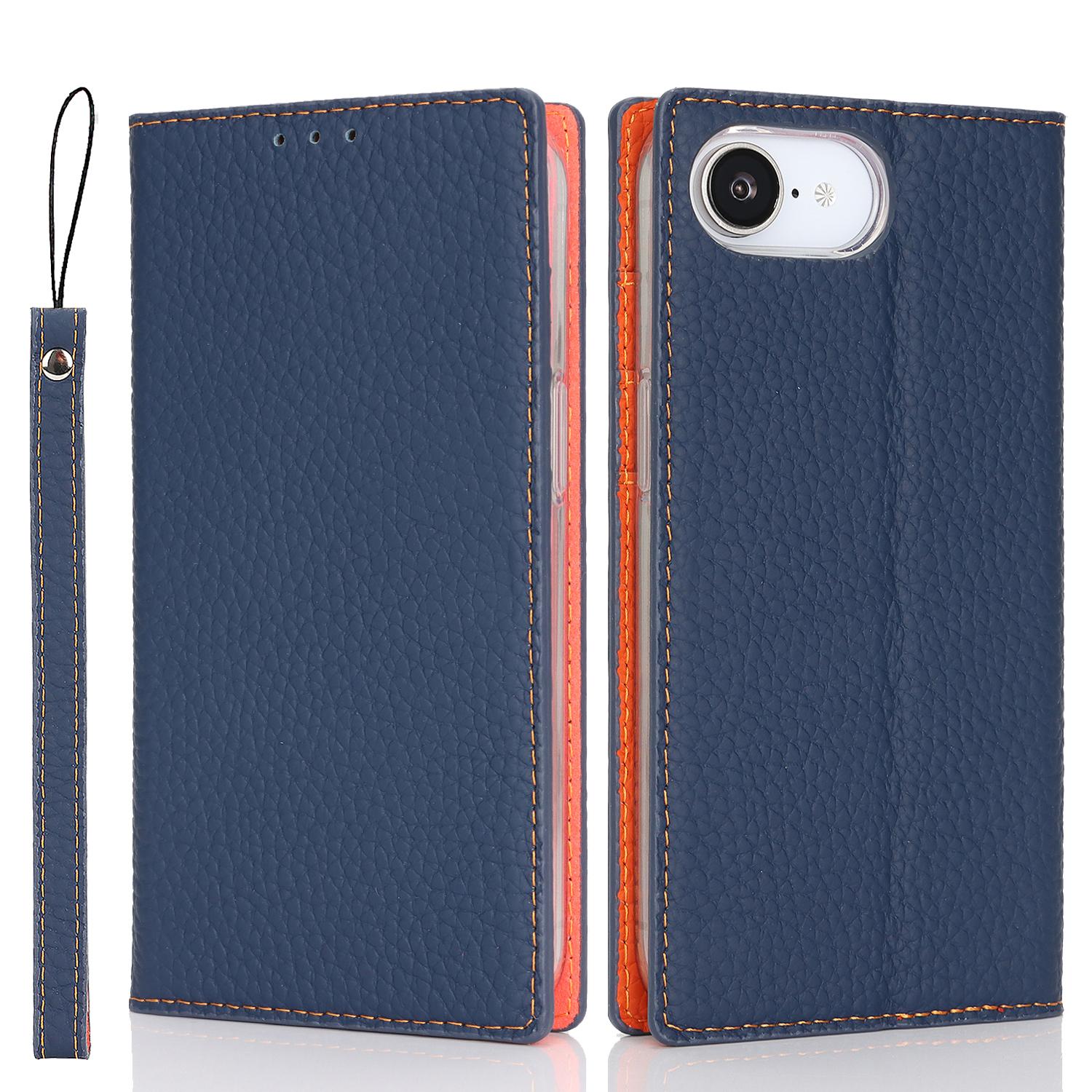 

For iPhone 16e Wallet Case Genuine Cow Leather Phone Cover Litchi Texture Blue