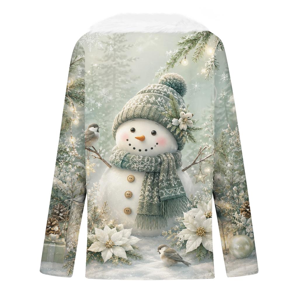 Women's Long Sleeve Christmas Print V Neck Top with Plush Collar for Holiday