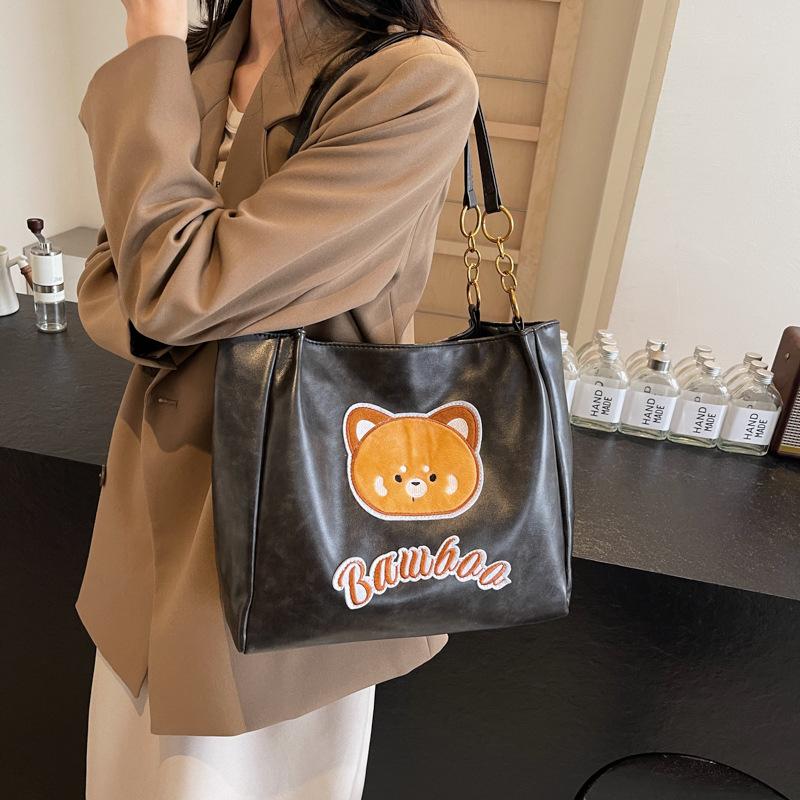 Bag women's new PU bucket bag bear letter embroidery trendy fashion shoulder bag large capacity messenger bag