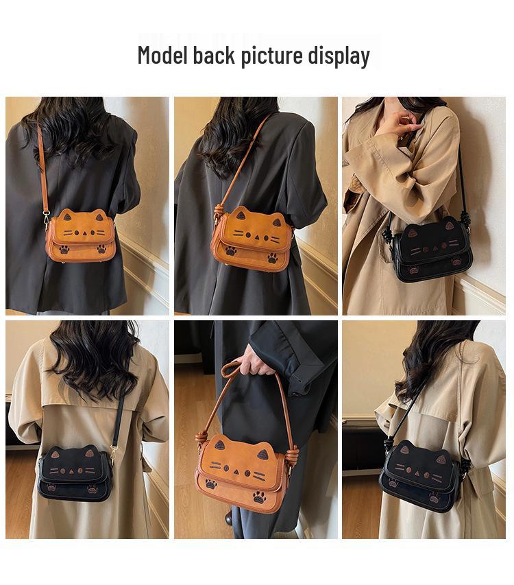 Korean Style Cartoon Kitten Crossbody Bag - Cute Retro Matte Shoulder Bag for Girls and Students