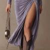 Vintage Elegant Purple Velvet Long Sleeve Midi Dress Slim Fit High Waist Round Neck Split Hem