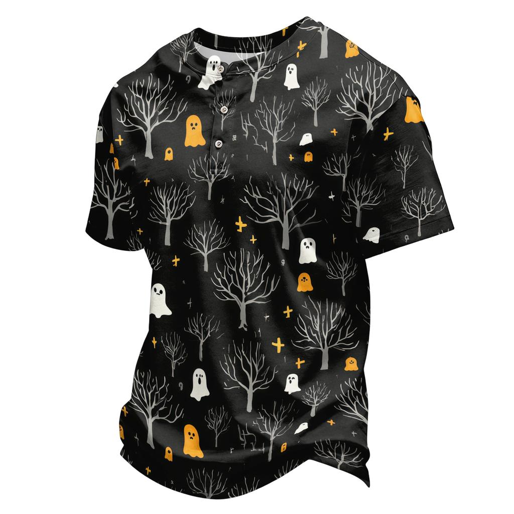Men's Halloween Print Short Sleeve Henley Shirt Casual Button Up T-Shirt Lightweight Breathable Fabric for Everyday Wear