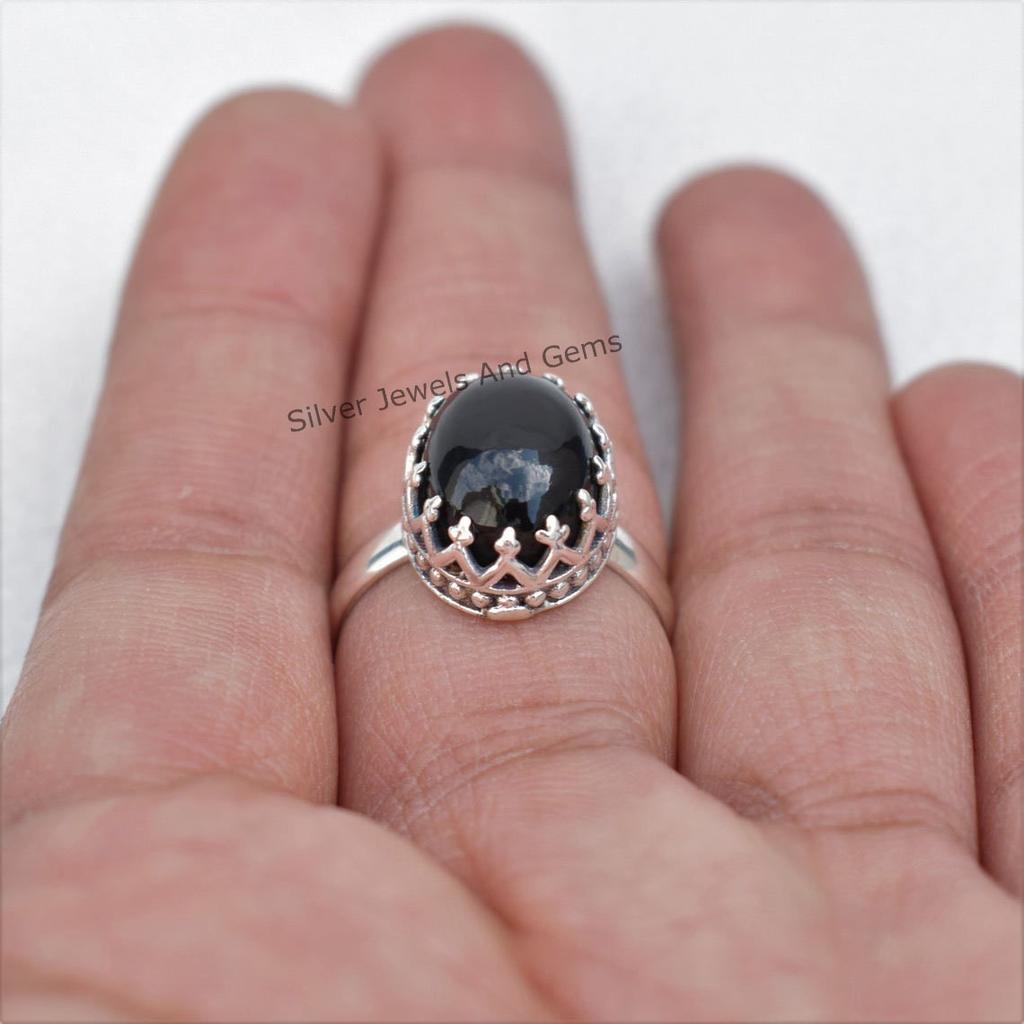Black Onyx Crown Ring, Handmade 925 Sterling Silver, December Birthstone