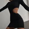 Herbst Damen Bodycon Mini Kleid Langarm Slim Fit Einfarbig Cut Out Kette Kleidung