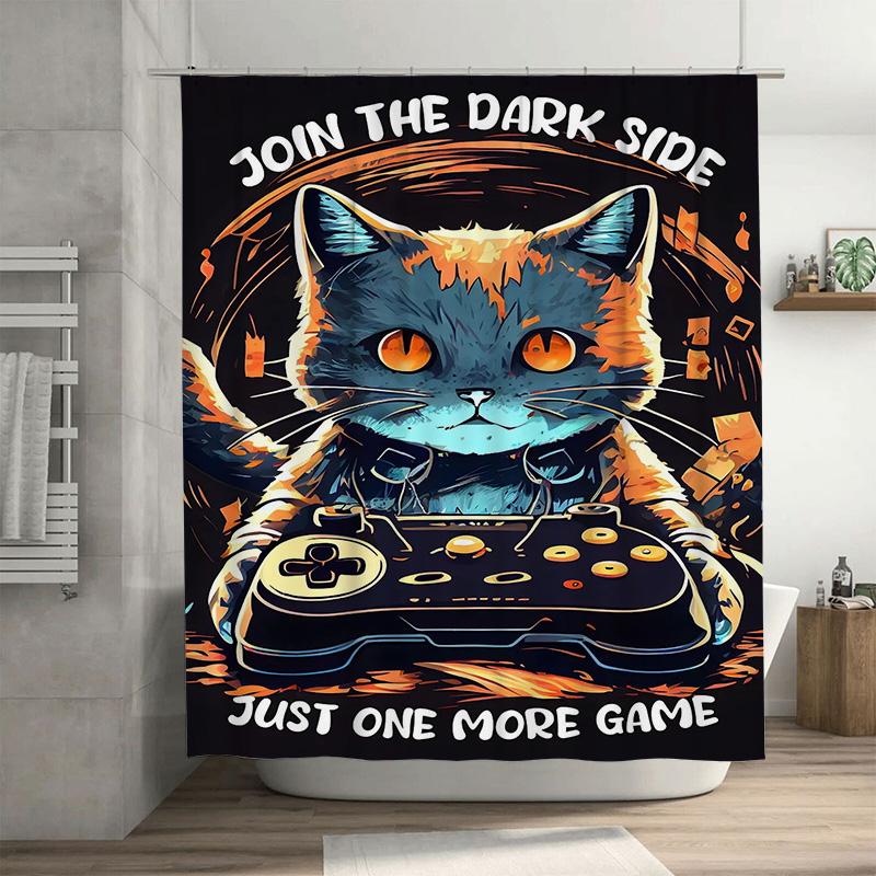

Modern Cat Shower Curtain Dark Side Game Theme Black Background with Colorful Design Made from Durable Fabric for Bathroom Decor 90x180cm