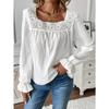 Blusa da Donna con Scollo Quadrato e Bordi in Pizzo, Texture Pieghettata, Maniche Lunghe a Svasatura, Top Casual Monocolore