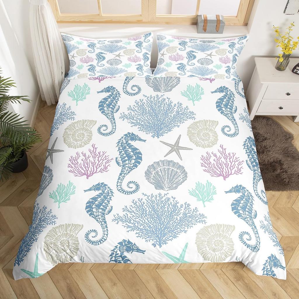 Beach Starfish Duvet Cover Set Blue Ocean Coastal Bedding Set Cute Ocean Creatures Seashells Starfish Print Comforter Cover Sets