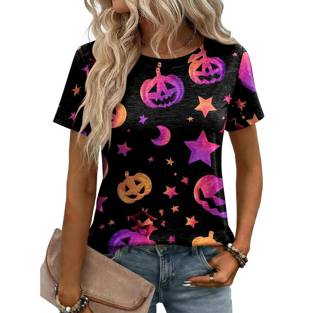 Women's Loose Fit Casual Halloween Print T-Shirt Short Sleeve Crew Neck Comfortable Top for Daily Wear and Seasonal Outfits