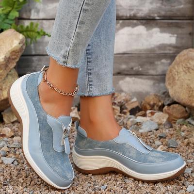 Fashion Women's Lightweight Wedge Sneakers 2024 Fall Comfortable Casual Sneakers Front Zip Thick Sole Sneakers