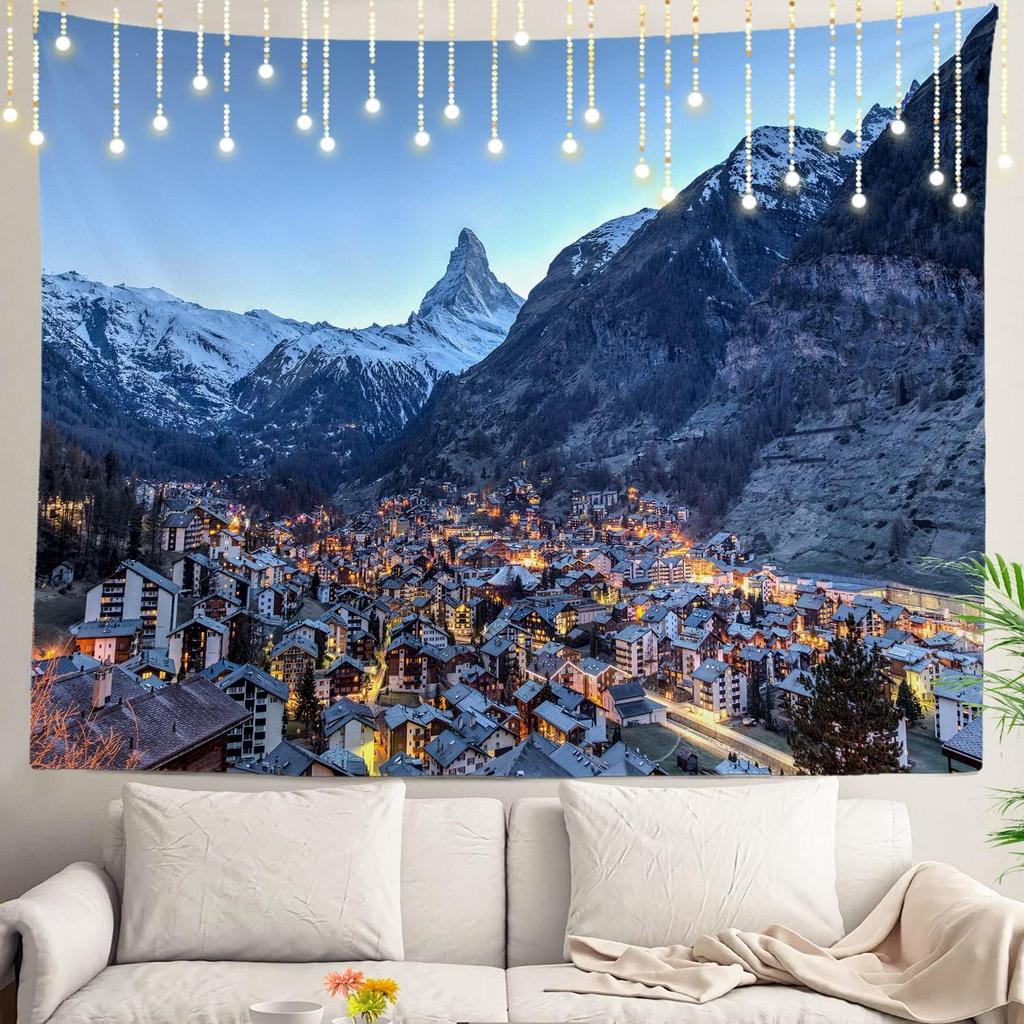 White Winter Snow Wall Tapestry, Colorful Three Wall Hanging Large Tapestry Decoration Polyester Fiber White Hem Around for Dorm