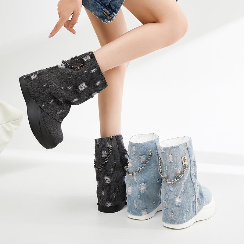 Fashion 6cm Women Ankle Boots 2 Inch Platform Heel Booties Denim Comfortable Blue Black Spring Autumn Women Fashion Boots Mid Calf