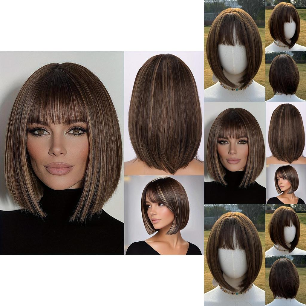 Womens Short Straight Wig With Bangs Hightemperature Silk For Casual And Party Use