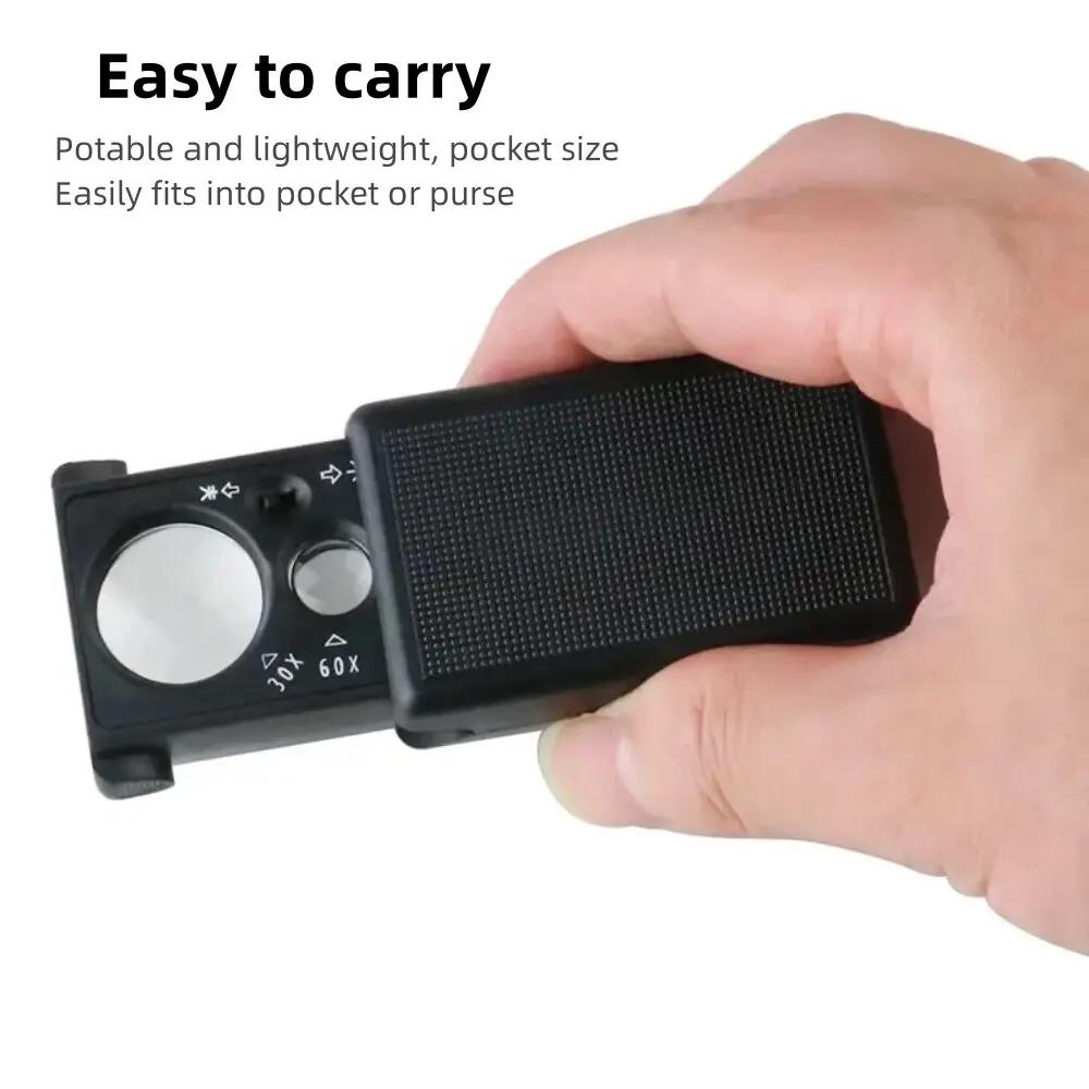 Handheld 30X 60X Magnifier with LED UV Light Mini Portable for Jewelry Inspection Currency Detection Coin Stamp Verification