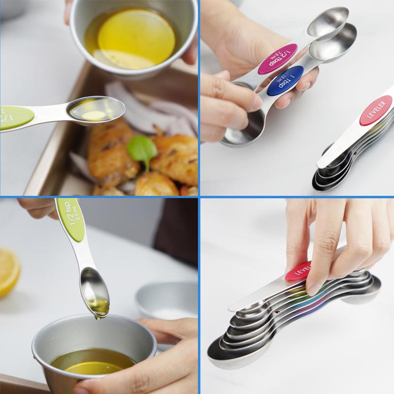 Pack of 8 Dual-Sided Magnetic Measuring Spoons Set with Leveler Stackable Teaspoon and Tablespoon Set for Spice Jar Liquid
