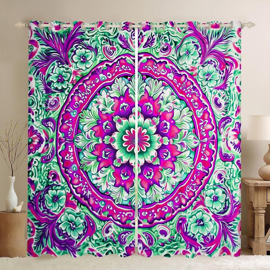 Room Darkening Mandala Curtain Vintage Tribal Exotic Floral Window Curtains Drapes Southwestern Colorful Retro Flower Bohemian Polyester Washable