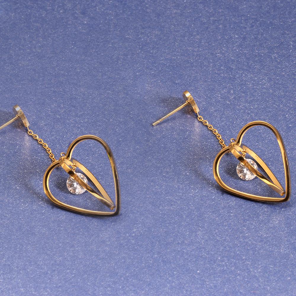25MM Long Hollow 3D Heart Rhinestone Stud Earrings in Stainless Steel