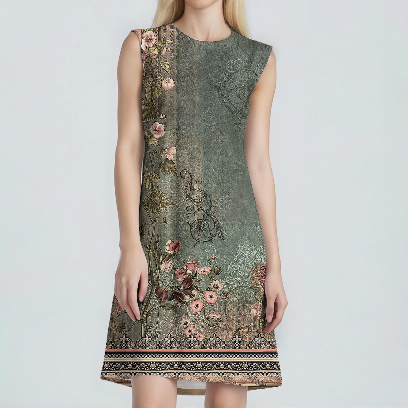 Women s Fashion Casual Print Round Neck Sleeveless Short Dress M