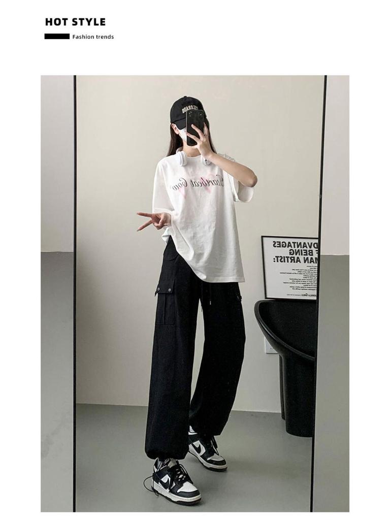 Women's High Waist Pink Cargo Pants - 2025 Spring Collection - Straight, Loose Wide Leg, Drape, and Casual Sports Style