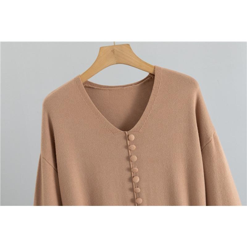 V-neck Bottom Knitted Long Dress Loose Large Size Solid Color Women's Dress