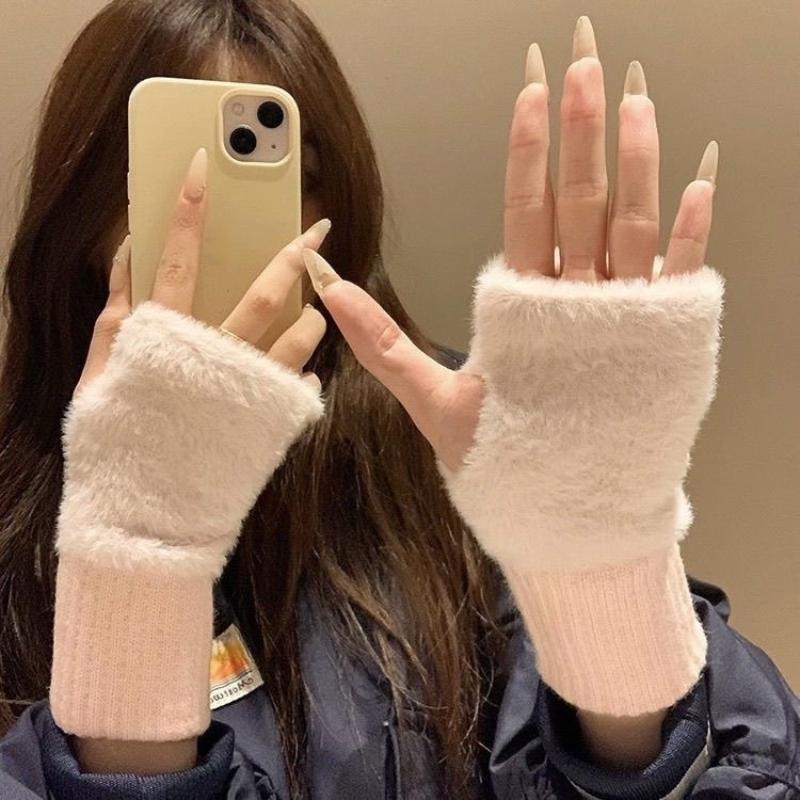 Imitation Mink Fleece Half Finger Gloves For Women'S Soft Winter Warmth Luxury Solid Color Plush Knitted Fingerless Gloves