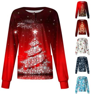 Damen Langarm Einzelknopf Strickjacke Weihnachtsdruck Krankenschwester Uniform Oberteil Leicht Bequeme Passform Medizinische Arbeitskleidung