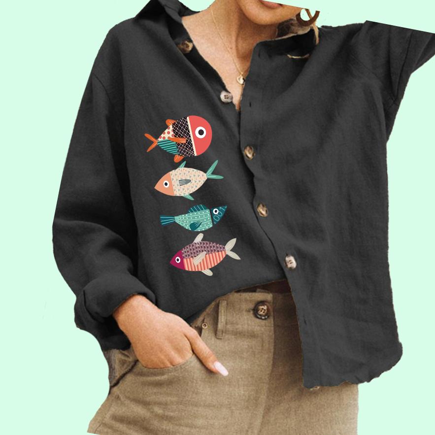 Dame Mote Knapped Skjorte Casual Bomull Lin Topp Damer Fisketrykk Bluse