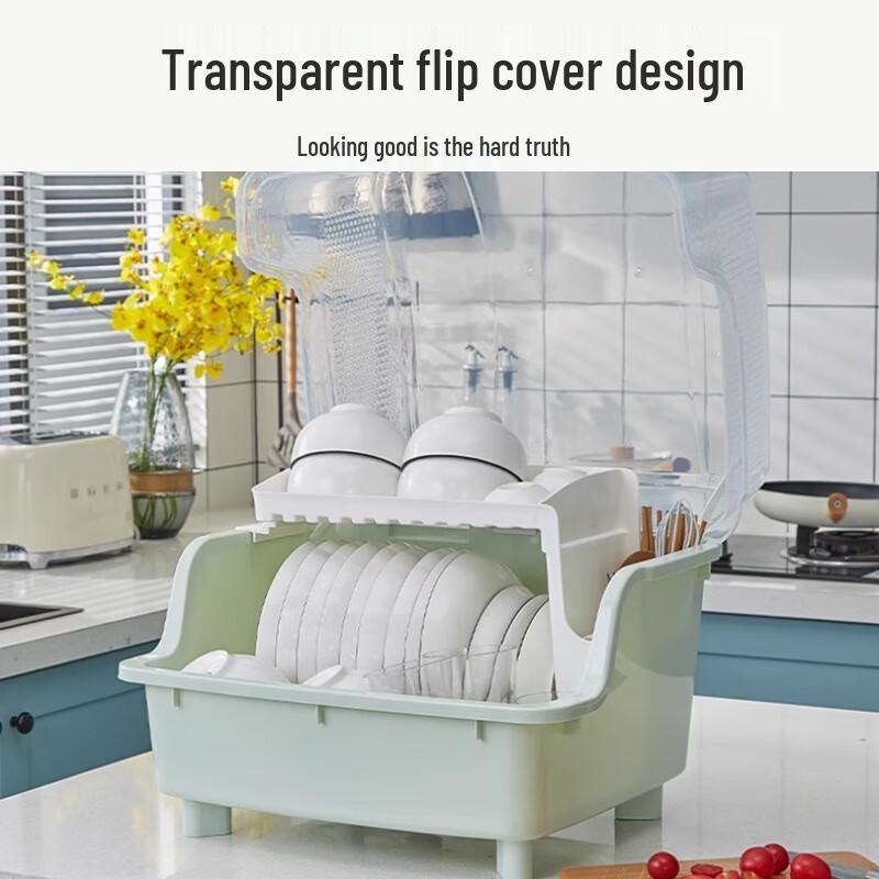 Extra Large Plastic Countertop Dish Drainer Rack with Lid