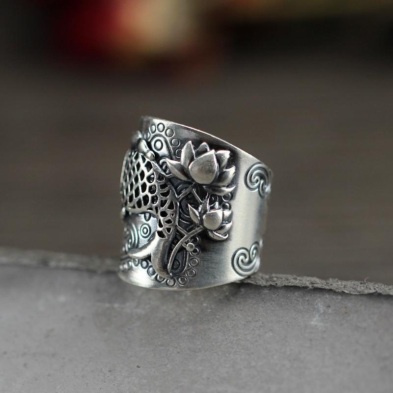 Beautiful S925 Silver Wide Adjustable Ring Featuring Elegant Fish And Geometric Patterns