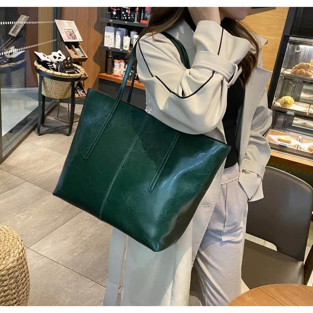 New Leather Women's Bag Fashionable Retro Oil Wax Leather Textured Shoulder Bag Daily Commuting Large-capacity Computer Tote Bag