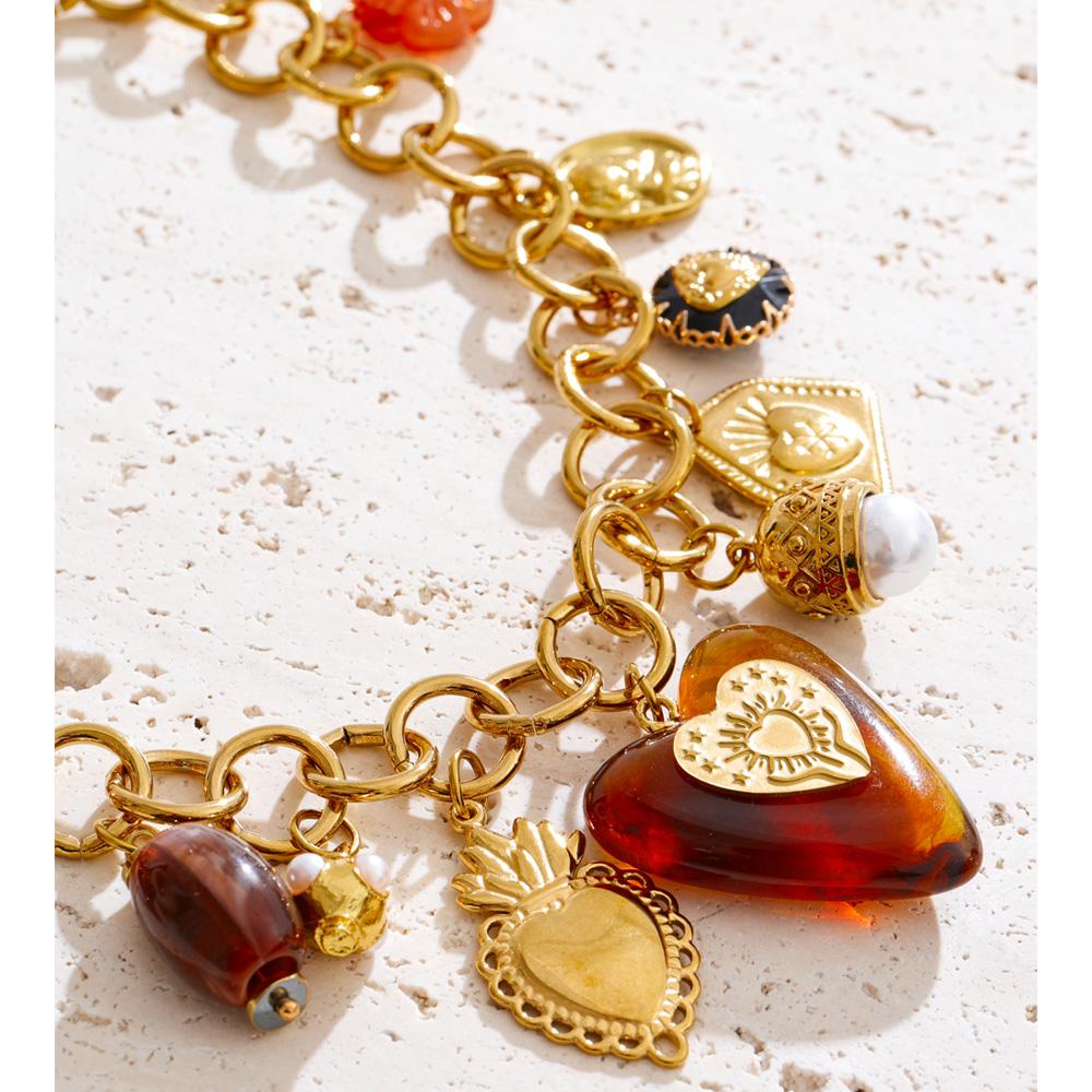 Yhpup Charms Pendant Necklace Stainless Steel Acrylic Heart Flower Strawberry Drop Statement Necklace Waterproof Collar Jewelry