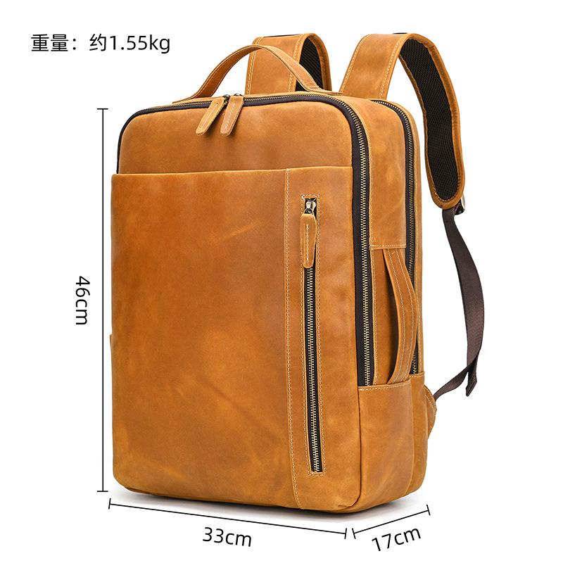Retro Backpack Double Zipper Main Bag Leather Backpack Large Capacity Mad Horse Leather Outdoor Travel Bag Leisure Computer Bag