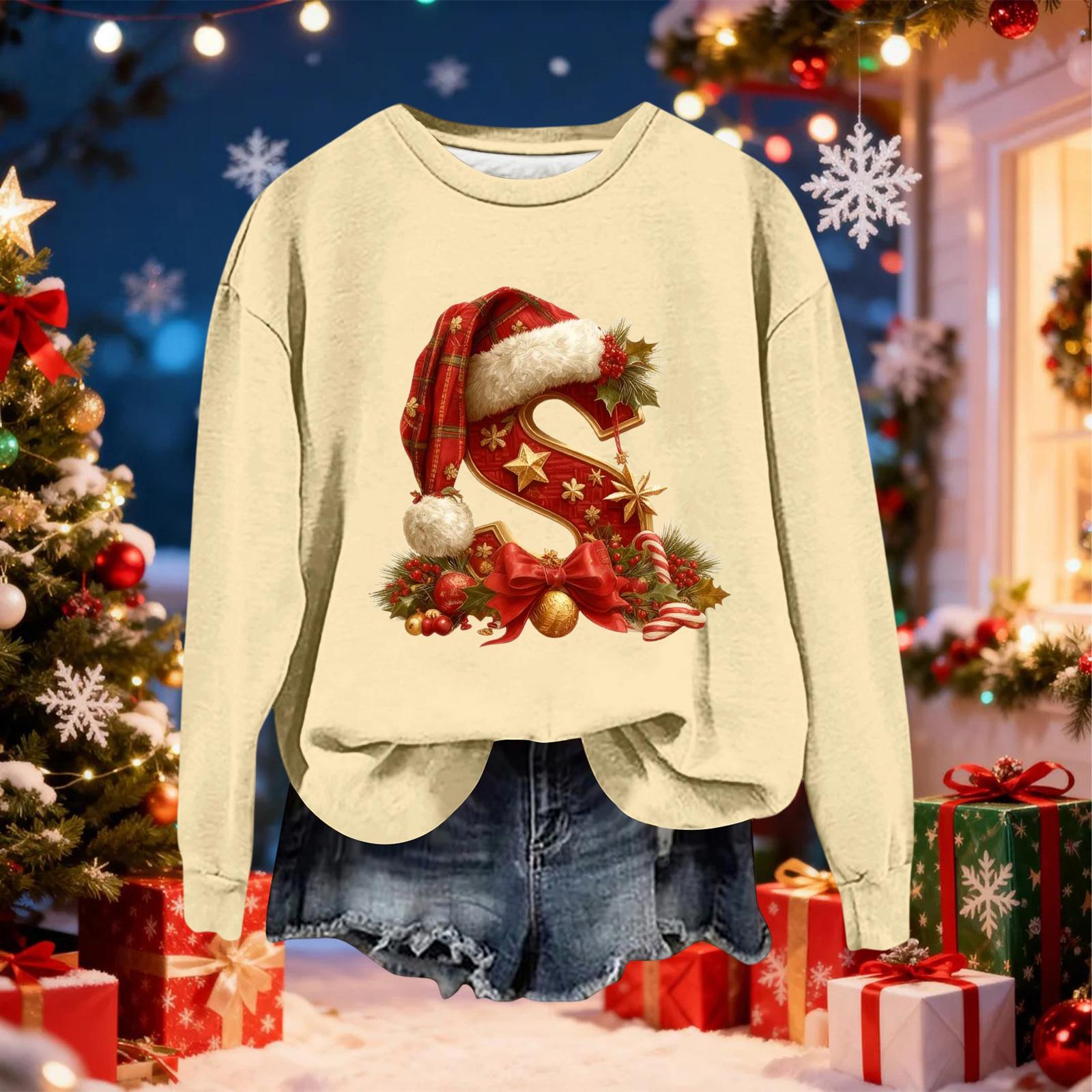 

Женский модный повседневный свитшот с длинными рукавами и рождественским принтом в виде букв, с круглым вырезом S бежевый