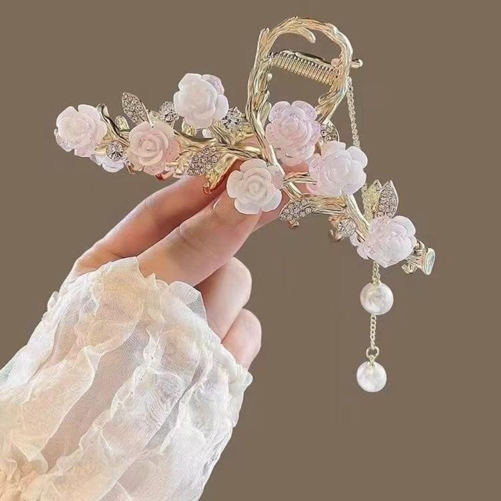 Pearl Tassel Rhinestone Hairpins Red Metal Hairgrip Elegant Rose Hair Claw Clips Hair Accessories