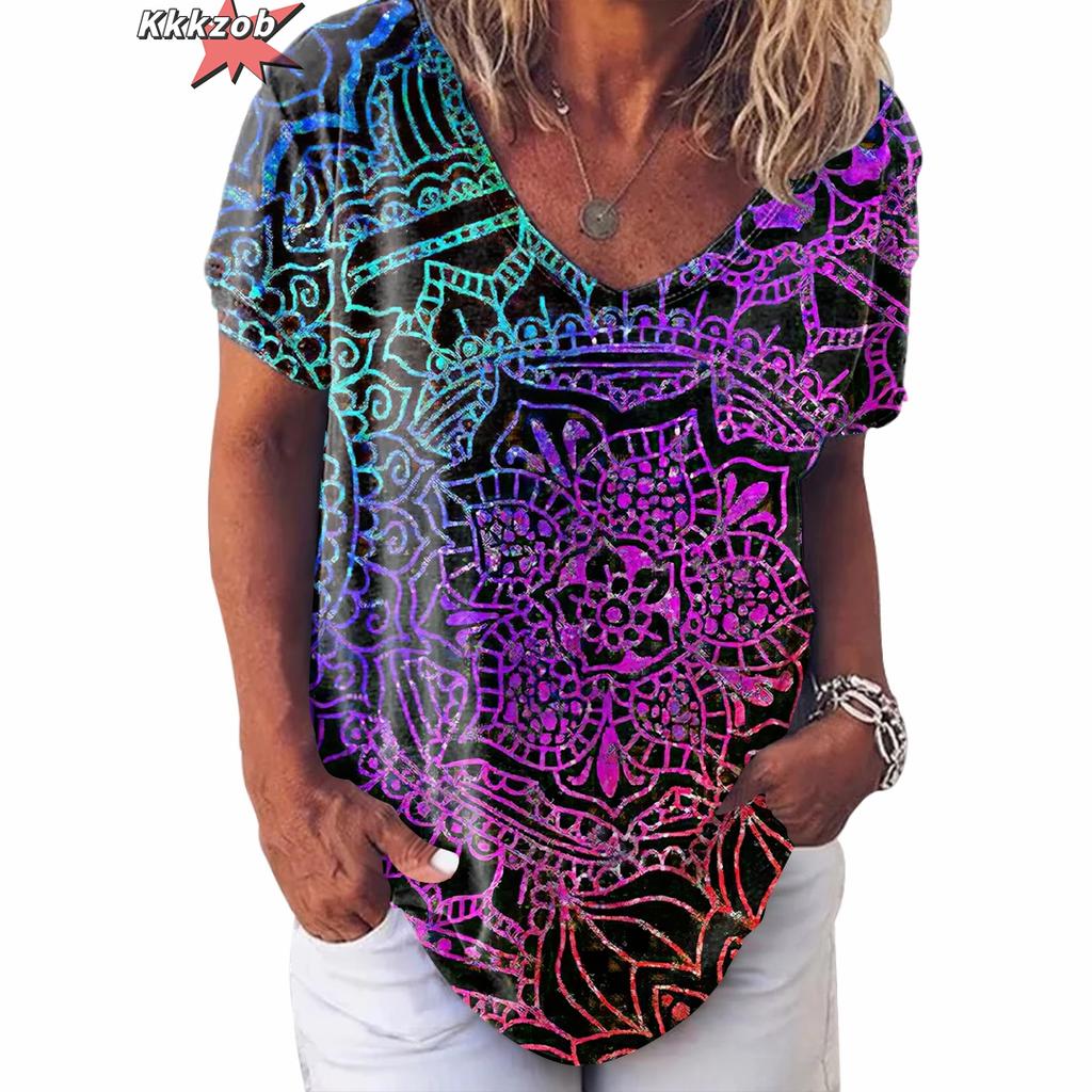 Vintage Print Top Women Short Sleeved Streetwear Summer Tee Women's Fashion Casual V Neck T Shirts Y2k Oversized Female Clothing