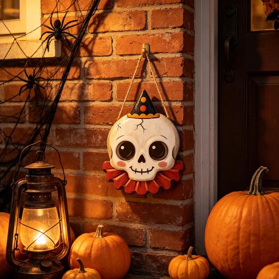 Rustic Wood Skull Decor Halloween Wooden Hanging Pendant with Lanyard, Retro Ghost/Pumpkin/Skull/Black Cat Holiday Yard Accents Decorations for Front