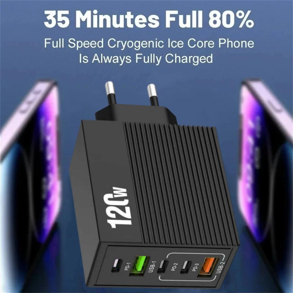 120W USB C Charger Fast Charging 5 Ports QC3.0 USB Type C Quick Chargers  For iPhone Xiaomi PD Wall Power Adapter EU/US/UK Plug