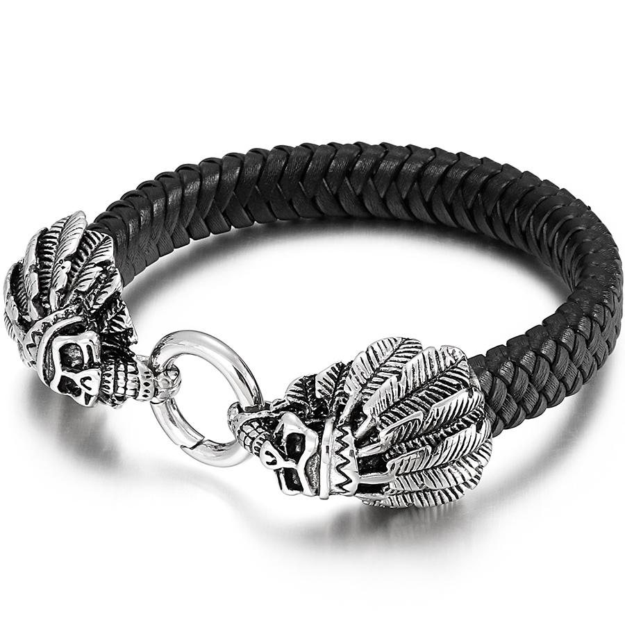 

Готический панк-стиль Браслет с двойной головой черепа для мужчин Ретро Нержавеющая сталь и плетеная кожа Мужские браслеты-обертывания Ювелирный аксессуар 21.5CM чёрный/серебряный