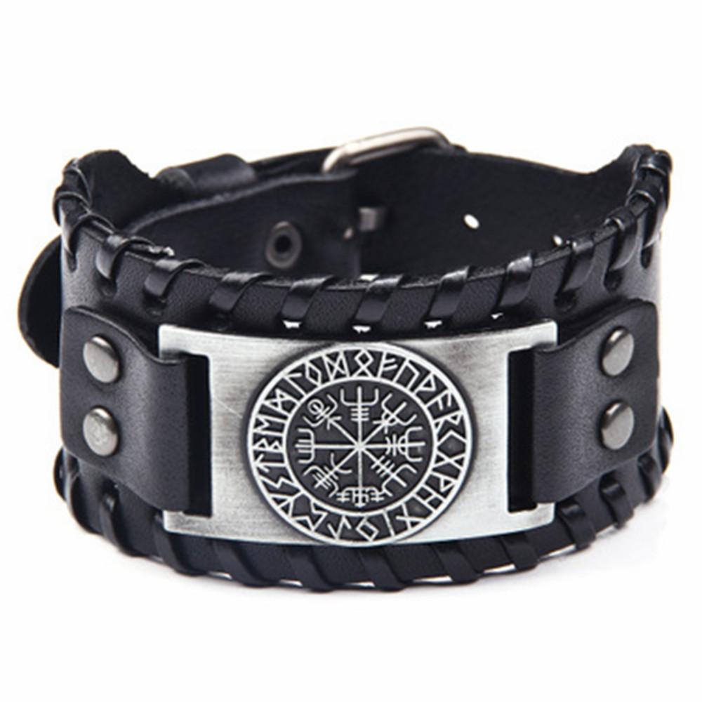 Viking Snowflake Bracelet for Men Nordic Vegvisir Compass Leather Bangle with Runes Stylish Viking Jewelry