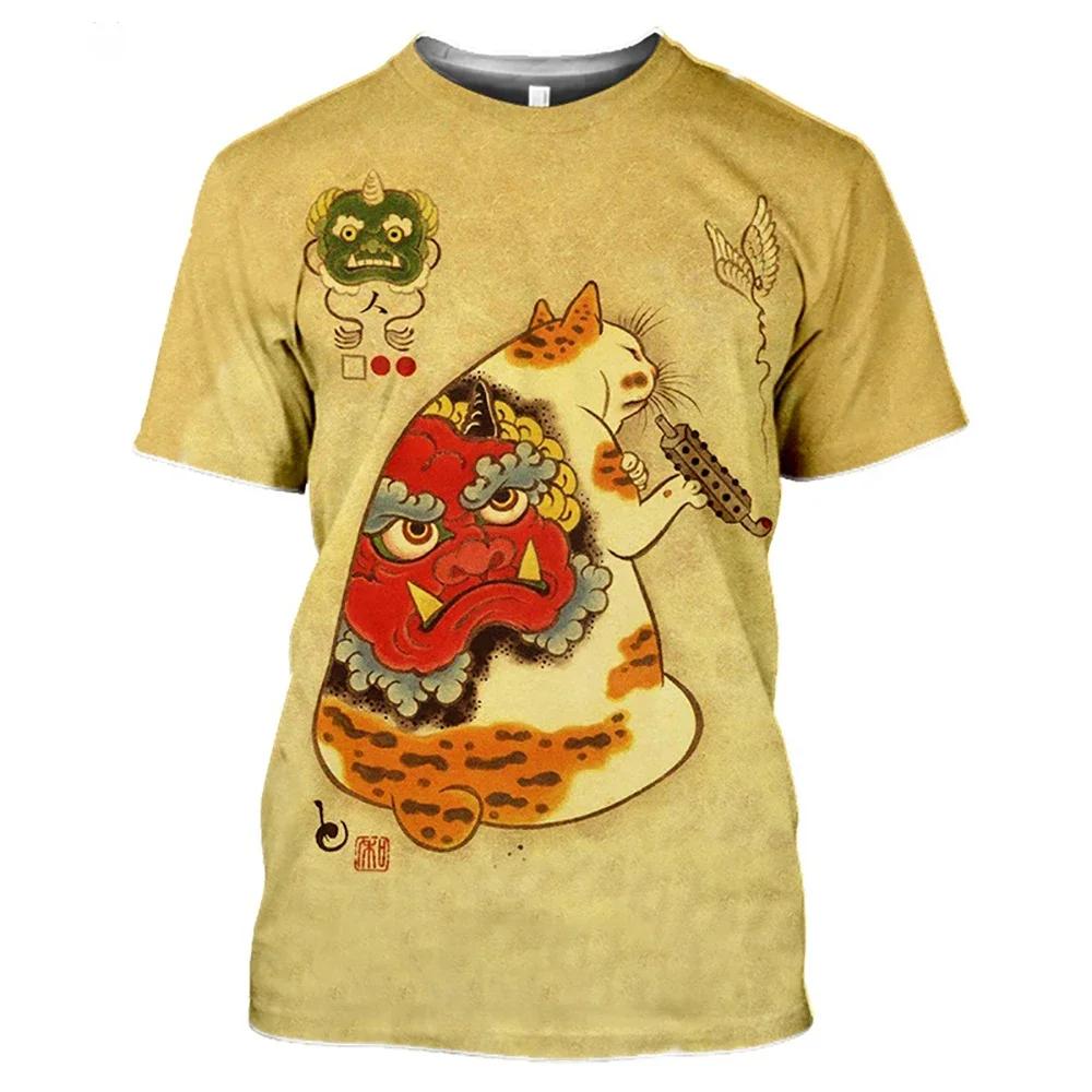 Neue Mode Vintage T-Shirt Samurai Katze Tattoo Shirt Herren 3D Cooler Druck Kunst Klassisches Shirt Sommer Trend T-Shirt